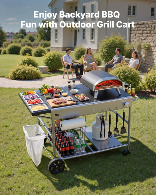Outdoor Grill Cart, Grilling Table, Movable Outdoor Cooking Table with 4 Spice Containers, Wheels, Lids, Hooks, BBQ Prep Tables for Picnic, Kitchen, Courtyard