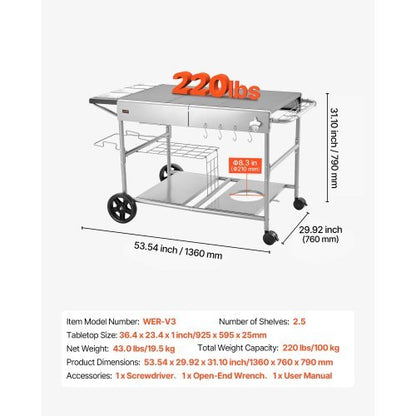 Outdoor Grill Cart, Grilling Table, Movable Outdoor Cooking Table with 4 Spice Containers, Wheels, Lids, Hooks, BBQ Prep Tables for Picnic, Kitchen, Courtyard