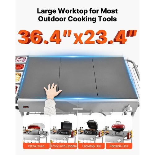 Outdoor Grill Cart, Grilling Table, Movable Outdoor Cooking Table with 4 Spice Containers, Wheels, Lids, Hooks, BBQ Prep Tables for Picnic, Kitchen, Courtyard