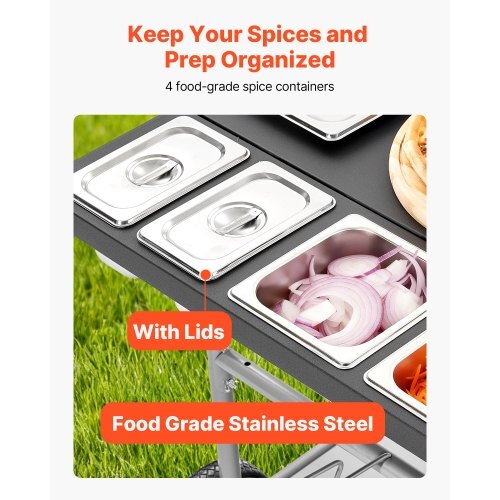 Outdoor Grill Cart, Grilling Table, Movable Outdoor Cooking Table with 4 Spice Containers, Wheels, Lids, Hooks, BBQ Prep Tables for Picnic, Kitchen, Courtyard