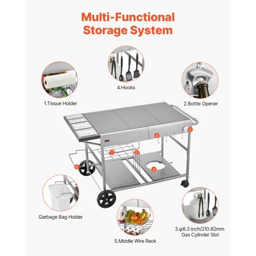 Outdoor Grill Cart, Grilling Table, Movable Outdoor Cooking Table with 4 Spice Containers, Wheels, Lids, Hooks, BBQ Prep Tables for Picnic, Kitchen, Courtyard
