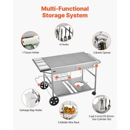 Outdoor Grill Cart, Grilling Table, Movable Outdoor Cooking Table with 4 Spice Containers, Wheels, Lids, Hooks, BBQ Prep Tables for Picnic, Kitchen, Courtyard