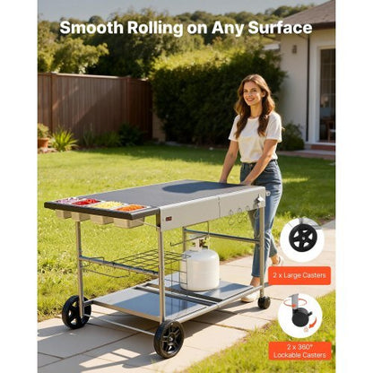Outdoor Grill Cart, Grilling Table, Movable Outdoor Cooking Table with 4 Spice Containers, Wheels, Lids, Hooks, BBQ Prep Tables for Picnic, Kitchen, Courtyard