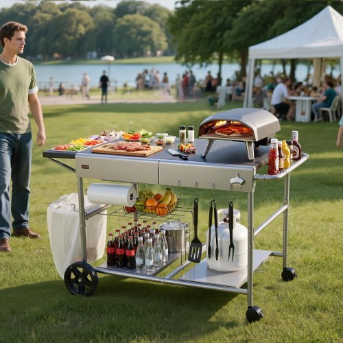 Outdoor Grill Cart, Grilling Table, Movable Outdoor Cooking Table with 4 Spice Containers, Wheels, Lids, Hooks, BBQ Prep Tables for Picnic, Kitchen, Courtyard