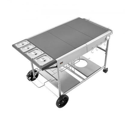 Outdoor Grill Cart, Grilling Table, Movable Outdoor Cooking Table with 4 Spice Containers, Wheels, Lids, Hooks, BBQ Prep Tables for Picnic, Kitchen, Courtyard