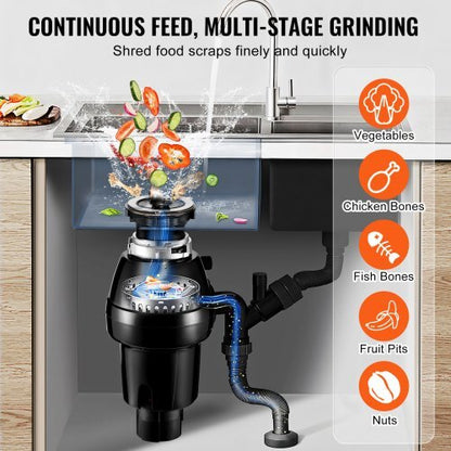 Garbage Disposal, 3/4HP 3250RPM Continuous Feed Food Waste Disposer, EZ Connect Food Waste Grinding System with Sound Reduction, Power Cord & Splash Guard for Kitchen Sinks
