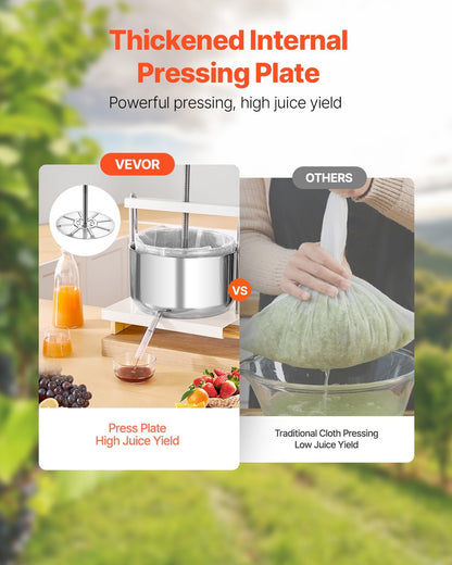 3.17 Gal/12L Fruit Wine Press, 2 Stainless Steel Barrels, Manual Juice Maker, Cider Apple Grape Tincture Honey Olive Oil Making Press with Triangular Handle for Outdoor Kitchen Home