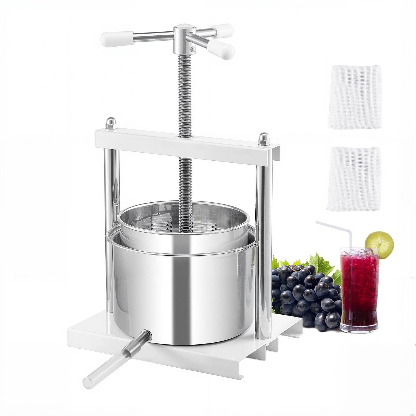 1.45 Gal/5L Fruit Wine Press, 2 Stainless Steel Barrels, Manual Juice Maker, Cider Apple Grape Tincture Honey Olive Oil Making Press with Triangular Handle for Outdoor Kitchen Home