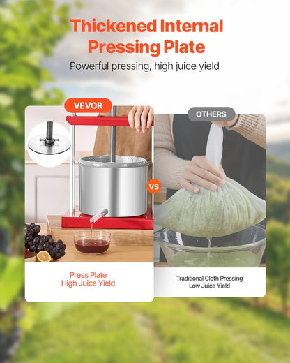 1.6 Gal/6L Fruit Wine Press, 2 Stainless Steel Barrels, Manual Juice Maker, Cider Apple Grape Tincture Honey Olive Oil Making Press with T-Handle for Outdoor Kitchen Home