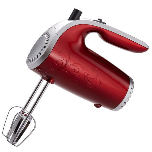 Brentwood 5 Speed Hand Mixer- Red | Lightweight Electric Mixer with Ergonomic Handle | Chrome Plated Beaters | Compact Storage
