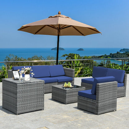 8 Piece Wicker Sofa Rattan Dinning Set Patio Furniture with Storage Table-Navy - Color: Navy