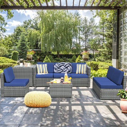 8 Piece Wicker Sofa Rattan Dinning Set Patio Furniture with Storage Table-Navy - Color: Navy