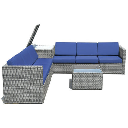 8 Piece Wicker Sofa Rattan Dinning Set Patio Furniture with Storage Table-Navy - Color: Navy