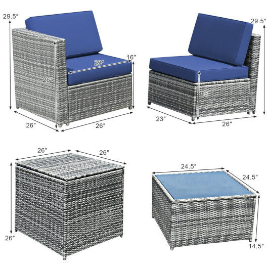 8 Piece Wicker Sofa Rattan Dinning Set Patio Furniture with Storage Table-Navy - Color: Navy