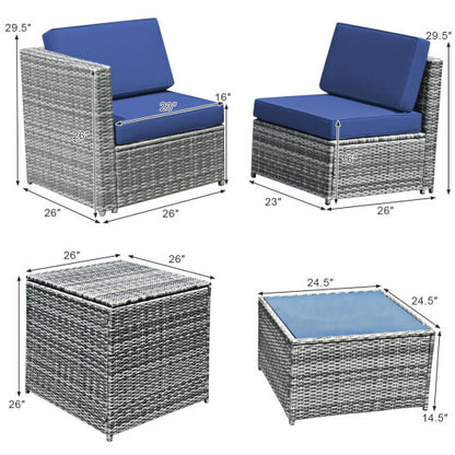 8 Piece Wicker Sofa Rattan Dinning Set Patio Furniture with Storage Table-Navy - Color: Navy
