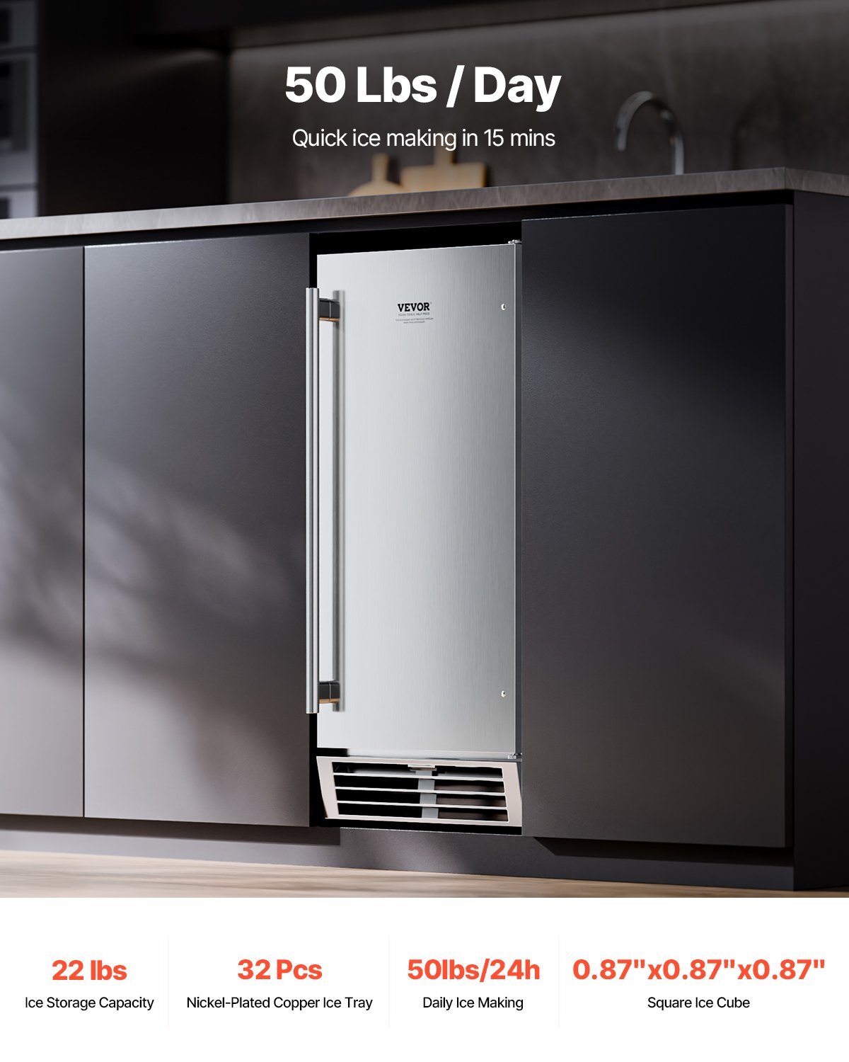 Undercounter Built-in Ice Maker, 50 Lbs/Day Under Counter Ice Maker Machine with Reversible Door Stainless Steel, Freestanding Ice-Making Machine for Restaurant, Outdoor Kitchen, Terrace, Pool