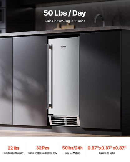 Undercounter Built-in Ice Maker, 50 Lbs/Day Under Counter Ice Maker Machine with Reversible Door Stainless Steel, Freestanding Ice-Making Machine for Restaurant, Outdoor Kitchen, Terrace, Pool