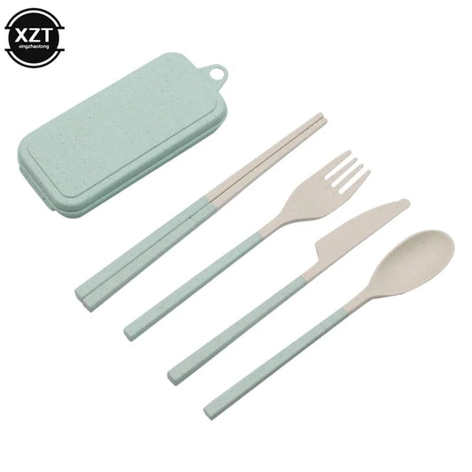 Color: light green - Wheat Straw Portable Spoon Fork Knife Chopsticks Cutlery Set With Box Foldable Removable For Outdoor Travel Picnic Tableware