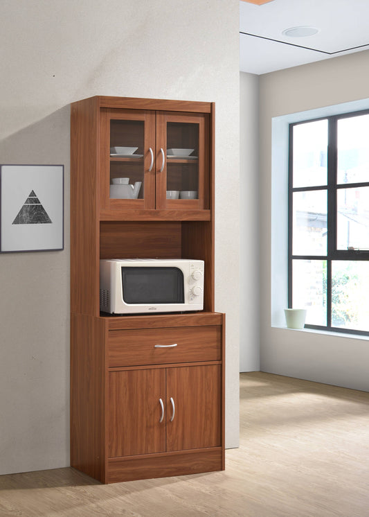 Hodedah Cherry Kitchen Cabinet with One Drawer and Microwave Space