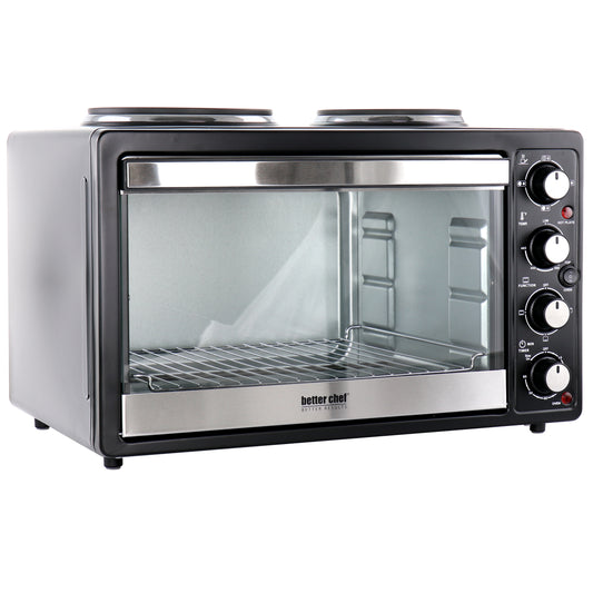 Better Chef Chef Central XL Toaster Oven and Broiler with Dual Solid Element Burners in Black - Compact All-in-One Cooker for Small Spaces and Travel