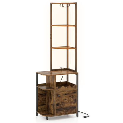 6-Tier Corner Bar Cabinet with LED Lights and Charging Station for Kitchen-Rustic Brown