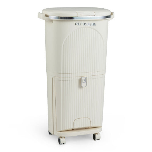 10 Gallon Kitchen Trash Can Double-Layer with Lid and 2 Removable Buckets-Beige