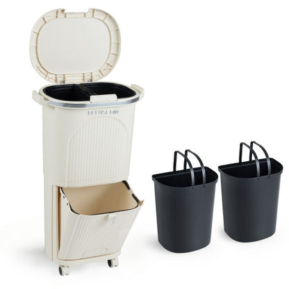 10 Gallon Kitchen Trash Can Double-Layer with Lid and 2 Removable Buckets-Beige