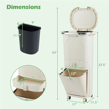11 Gallon 3-Layer Kitchen Trash Can with Lid and 2 Removable Buckets-Beige - Color: Beige