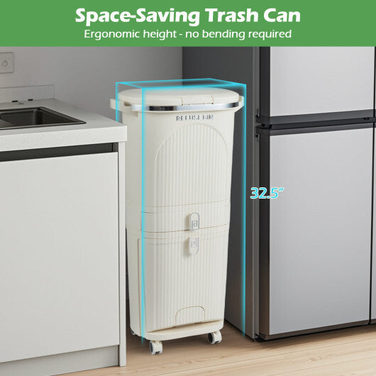 11 Gallon 3-Layer Kitchen Trash Can with Lid and 2 Removable Buckets-Beige - Color: Beige