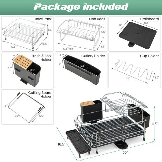 2-Tier Detachable Dish Rack with Drainboard and 360 Swivel Spout