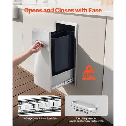 Outdoor Kitchen Trash Drawer, 13.54"W x 19.61"D x 25.79"H Interior Storage, Multi-Purpose Outdoor Kitchen Drawers Stainless Steel, 55 lbs Max Capacity per Tier, for Outdoors BBQ Island Kitchens