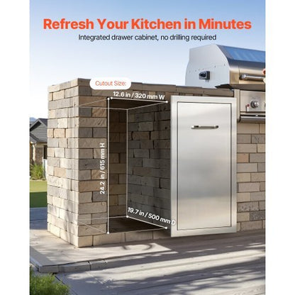Outdoor Kitchen Trash Drawer, 13.54"W x 19.61"D x 25.79"H Interior Storage, Multi-Purpose Outdoor Kitchen Drawers Stainless Steel, 55 lbs Max Capacity per Tier, for Outdoors BBQ Island Kitchens