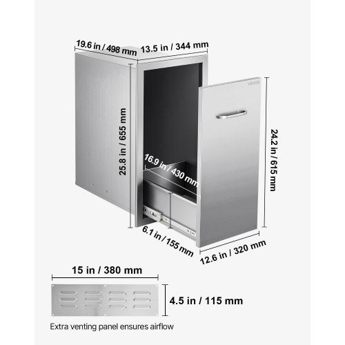 Outdoor Kitchen Trash Drawer, 13.54"W x 19.61"D x 25.79"H Interior Storage, Multi-Purpose Outdoor Kitchen Drawers Stainless Steel, 55 lbs Max Capacity per Tier, for Outdoors BBQ Island Kitchens