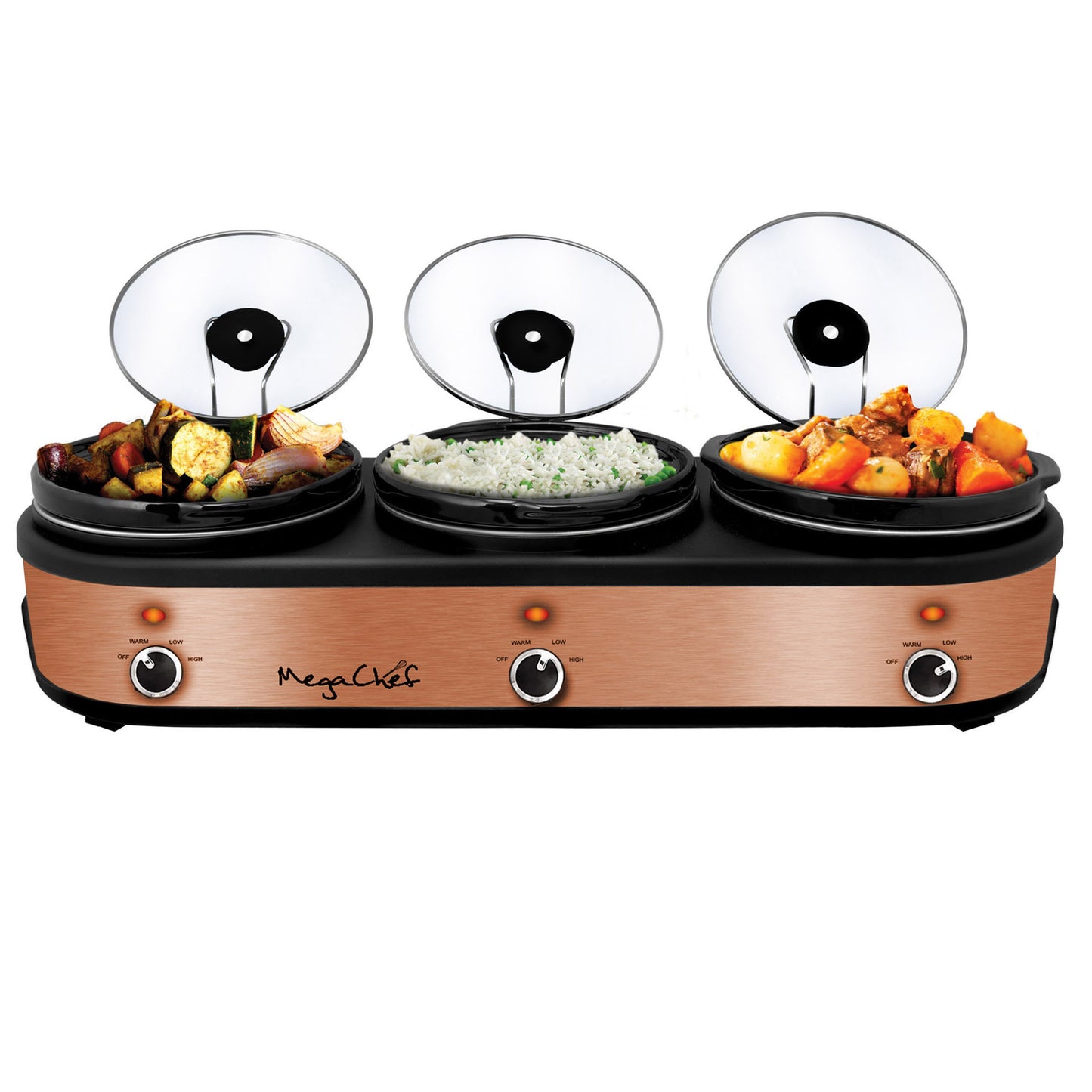 MegaChef Triple 2.5 Quart Slow Cooker and Buffet Server | Brushed Copper & Black Finish | 3 Ceramic Cooking Pots | Removable Lid Rests