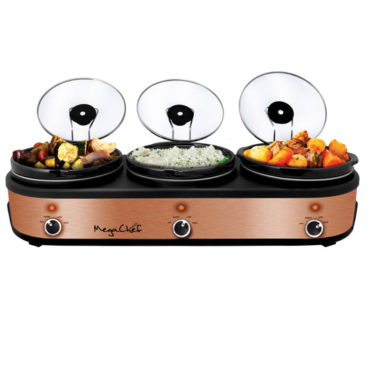 MegaChef Triple 2.5 Quart Slow Cooker and Buffet Server | Brushed Copper & Black Finish | 3 Ceramic Cooking Pots | Removable Lid Rests