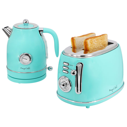 MegaChef 1.8 Quart Electric Tea Kettle and 2 Slice Toaster Combo in Turquoise - Elegant Retro Design with Easy Operation and Multiple Functions