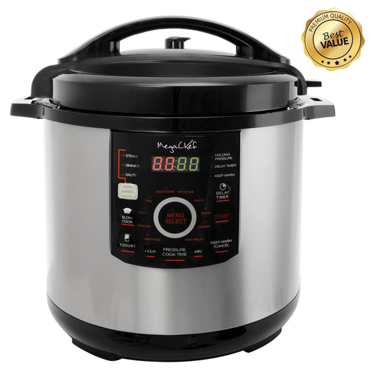Ultimate 12QT Steel Digital Pressure Cooker with 15 Cooking Presets & Monitoring Glass Lid