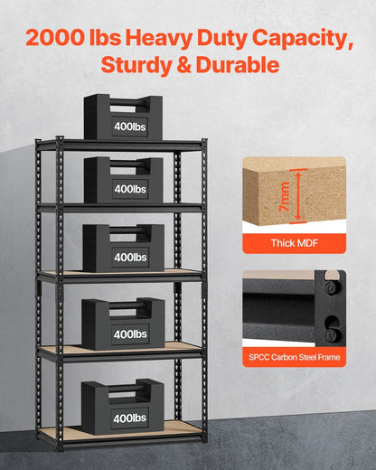 Storage Shelves, 2000 lbs, 5 Tier Garage Storage Shelving, 16" D x 32" W x 62.8" H Adjustable Metal Shelves for Garage Shelves Utility Rack Shelf, Ideal for Kitchen, Warehouse, Basement, Black
