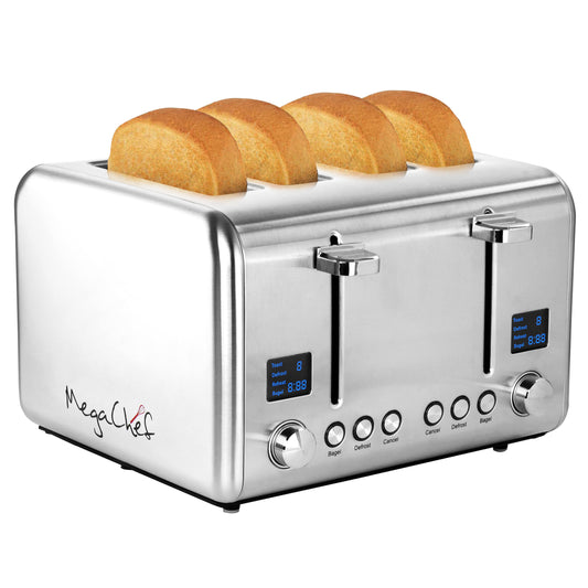 MegaChef 4 Slice Stainless Steel Toaster - Extra Wide Slots, Dual Control Panels, 9 Browning Settings - Silver