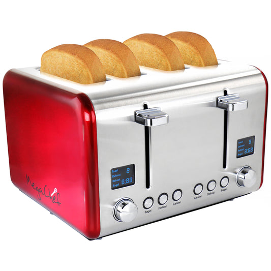 MegaChef 4 Slice Toaster in Stainless Steel Red - Create the Perfect Breakfast in Minutes