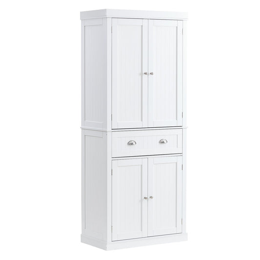 72" Kitchen Pantry Storage Cabinet, Freestanding Utility Cabinets with Doors, Drawer and 3 Adjustable Shelves, Tall Food Buffet Pantries for Kitchen, Living Room, Dinning Room, Laundry, White