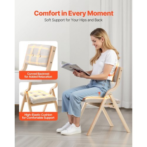 Wooden Folding Chairs with Cushion, Set of 4, Portable Foldable Cushion Chair with Wooden Frame, Modern Padded Dining Chair for Kitchen, Office, Wedding, Party, Dining Room, Easy Assembly, Beige