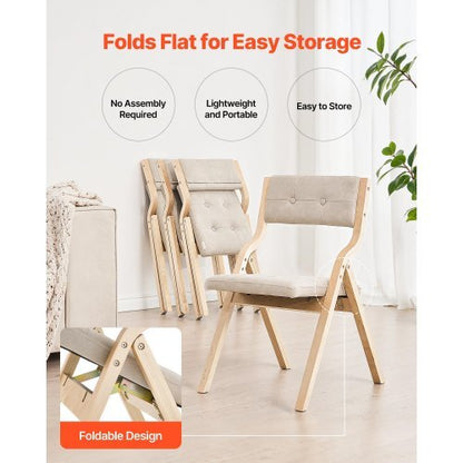 Wooden Folding Chairs with Cushion, Set of 4, Portable Foldable Cushion Chair with Wooden Frame, Modern Padded Dining Chair for Kitchen, Office, Wedding, Party, Dining Room, Easy Assembly, Beige