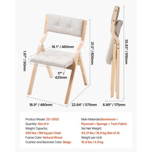 Wooden Folding Chairs with Cushion, Set of 4, Portable Foldable Cushion Chair with Wooden Frame, Modern Padded Dining Chair for Kitchen, Office, Wedding, Party, Dining Room, Easy Assembly, Beige