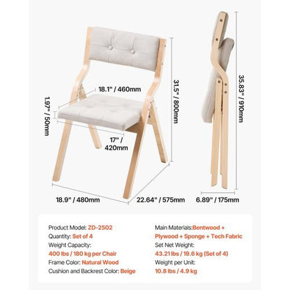 Wooden Folding Chairs with Cushion, Set of 4, Portable Foldable Cushion Chair with Wooden Frame, Modern Padded Dining Chair for Kitchen, Office, Wedding, Party, Dining Room, Easy Assembly, Beige