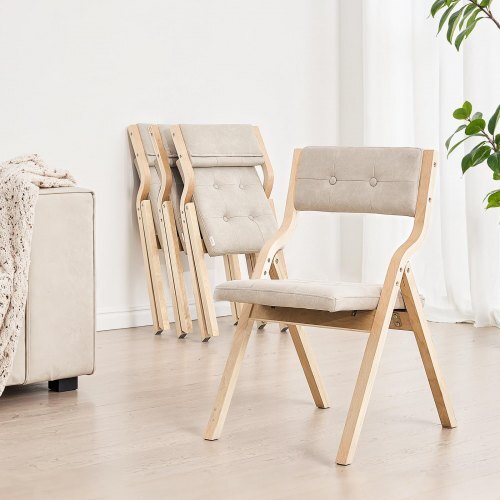 Wooden Folding Chairs with Cushion, Set of 4, Portable Foldable Cushion Chair with Wooden Frame, Modern Padded Dining Chair for Kitchen, Office, Wedding, Party, Dining Room, Easy Assembly, Beige