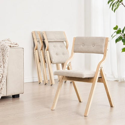 Wooden Folding Chairs with Cushion, Set of 4, Portable Foldable Cushion Chair with Wooden Frame, Modern Padded Dining Chair for Kitchen, Office, Wedding, Party, Dining Room, Easy Assembly, Beige