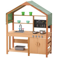 Mud Kitchen for Kids, Wooden Toy Play Kitchen Set with Accessories, Outdoor Toddler Grocery Store Playset, Pretend Play Kitchen with Stoves, Planter Boxes, Sink, Faucet, Blackboard, Cookware Pot
