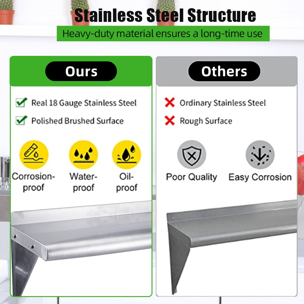 US Stainless Steel Wall Shelf 110 Lbs Load Heavy Duty Wall Mount Shelving For Kitchen Restaurant Laundry Room Bar 60 x 45cm