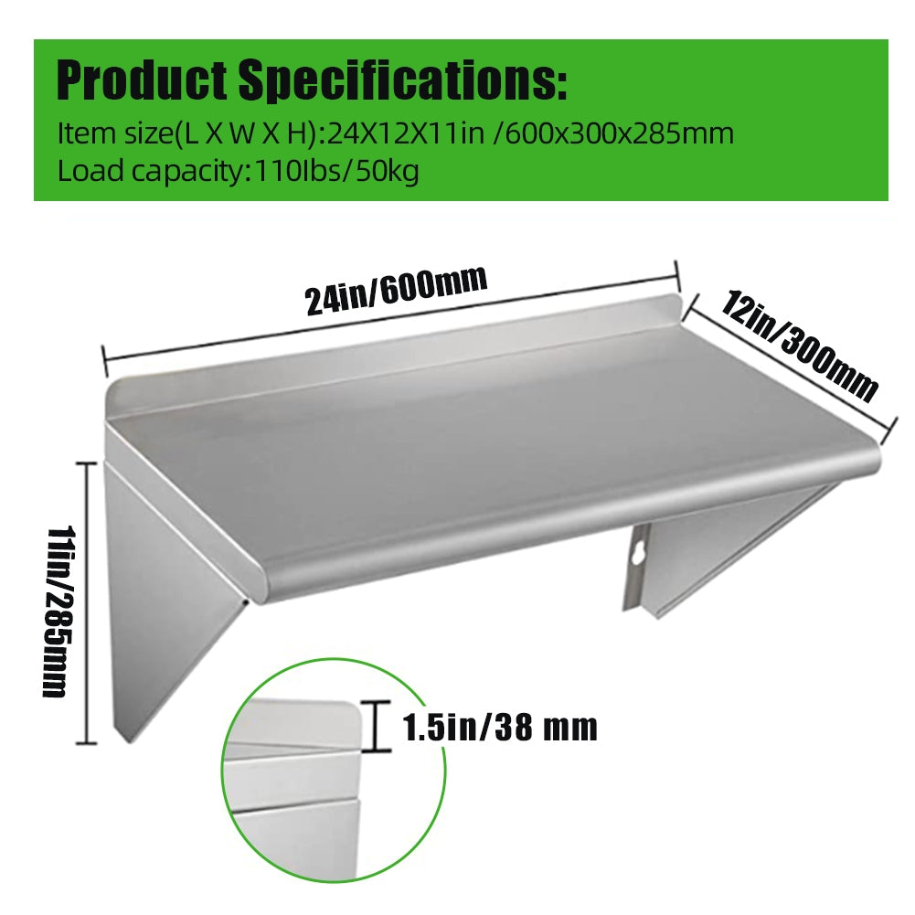 US Stainless Steel Wall Shelf 110 Lbs Load Heavy Duty Wall Mount Shelving For Kitchen Restaurant Laundry Room Bar 60 x 30cm